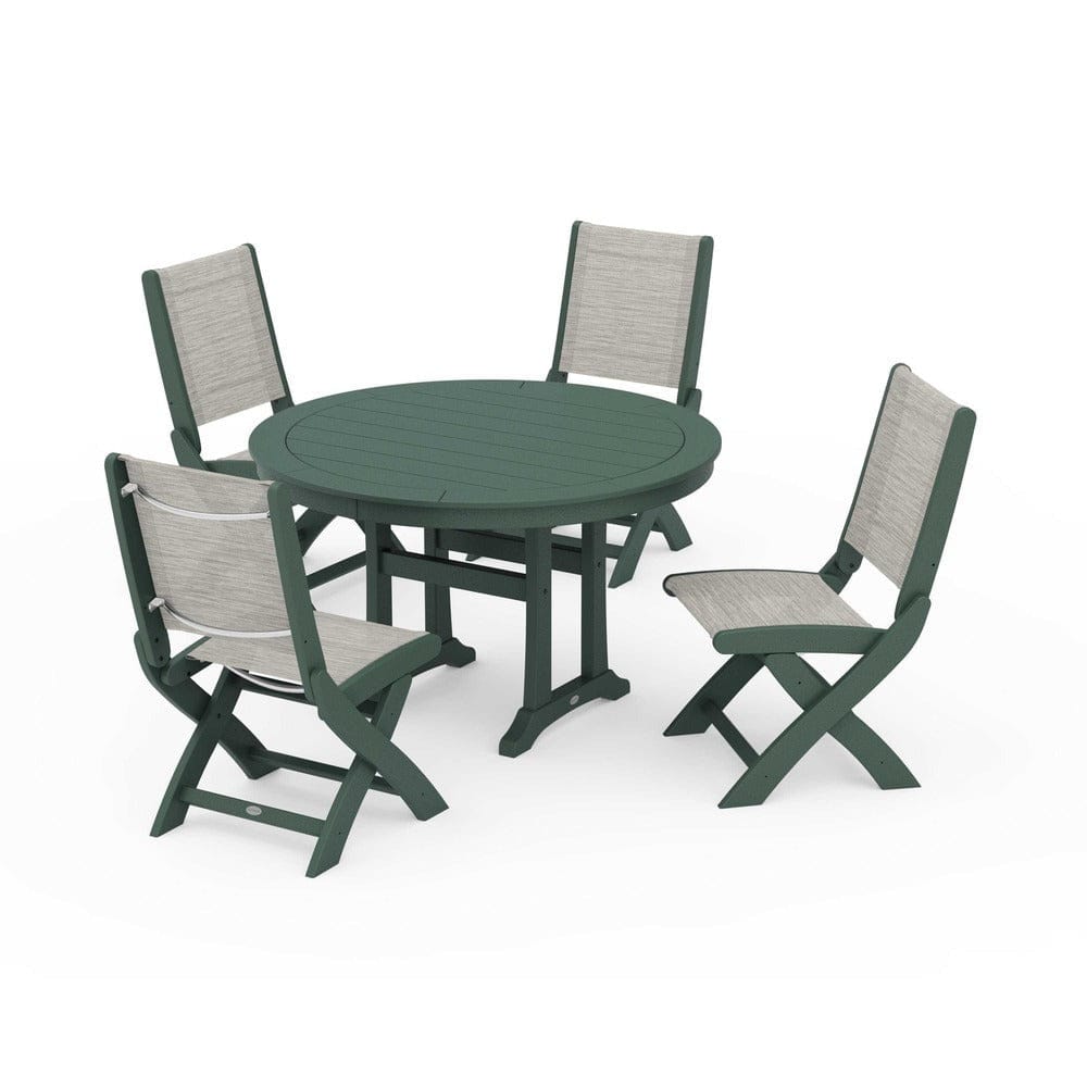 POLYWOOD® Outdoor Furniture Green / Birch Sling POLYWOOD® - Coastal Folding Side Chair 5-Piece Round Dining Set With Trestle Legs - PWS1121
