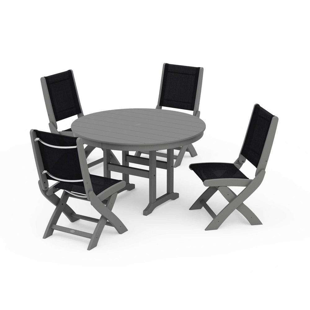 POLYWOOD® Outdoor Furniture Slate Grey / Black Sling POLYWOOD® - Coastal Folding Side Chair 5-Piece Round Dining Set - PWS1358