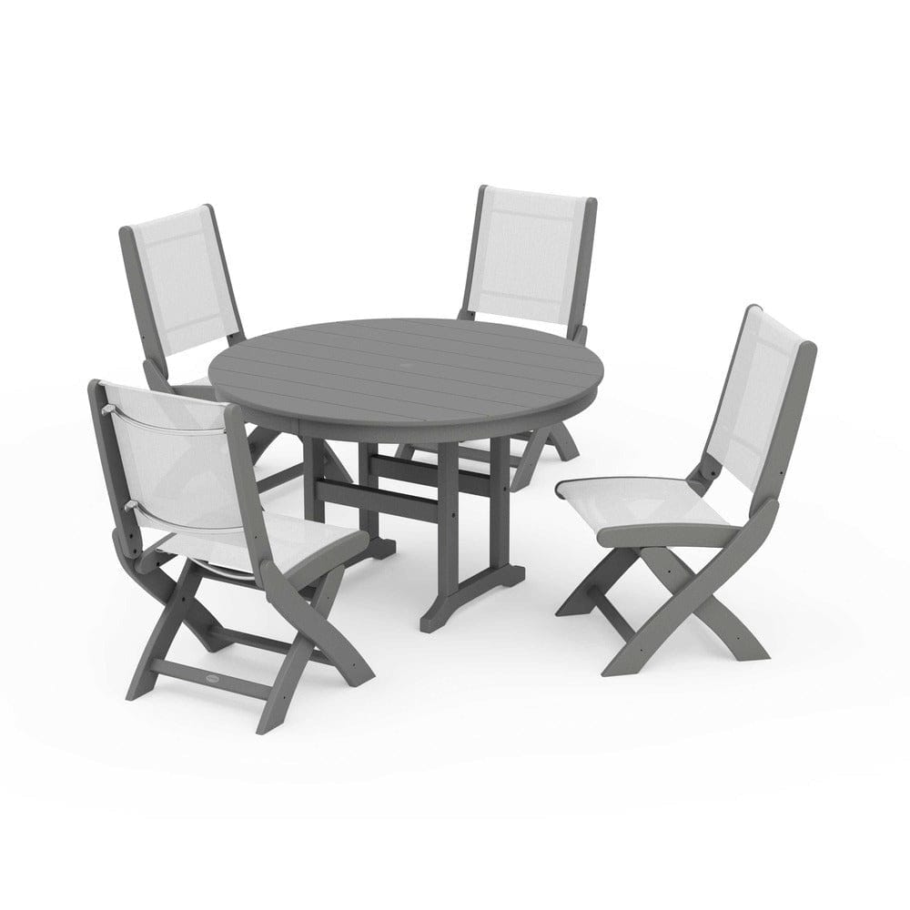 POLYWOOD® Outdoor Furniture Slate Grey / White Sling POLYWOOD® - Coastal Folding Side Chair 5-Piece Round Dining Set - PWS1358
