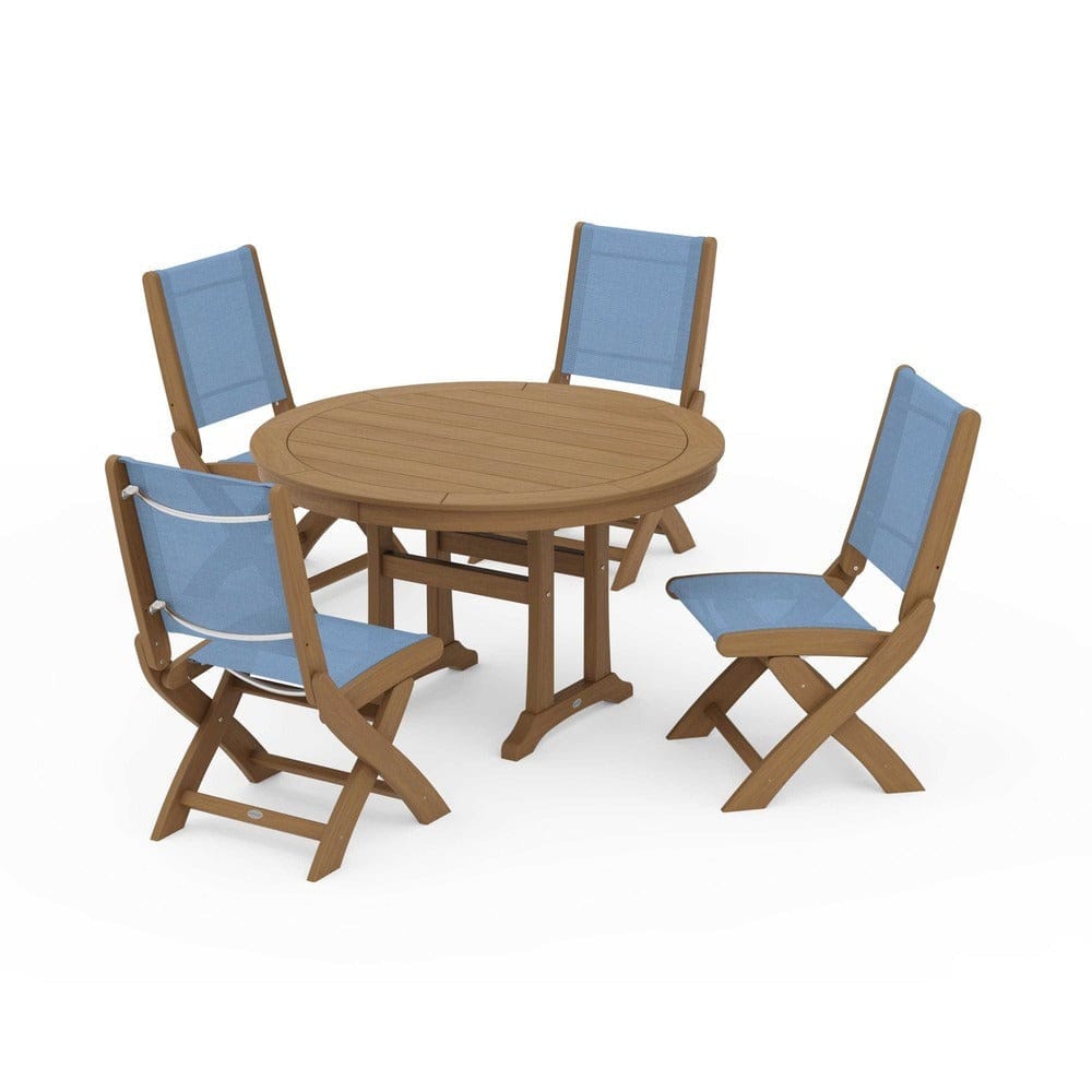 POLYWOOD® Outdoor Furniture POLYWOOD® - Coastal Folding Side Chair 5-Piece Round Dining Set With Trestle Legs - PWS1121