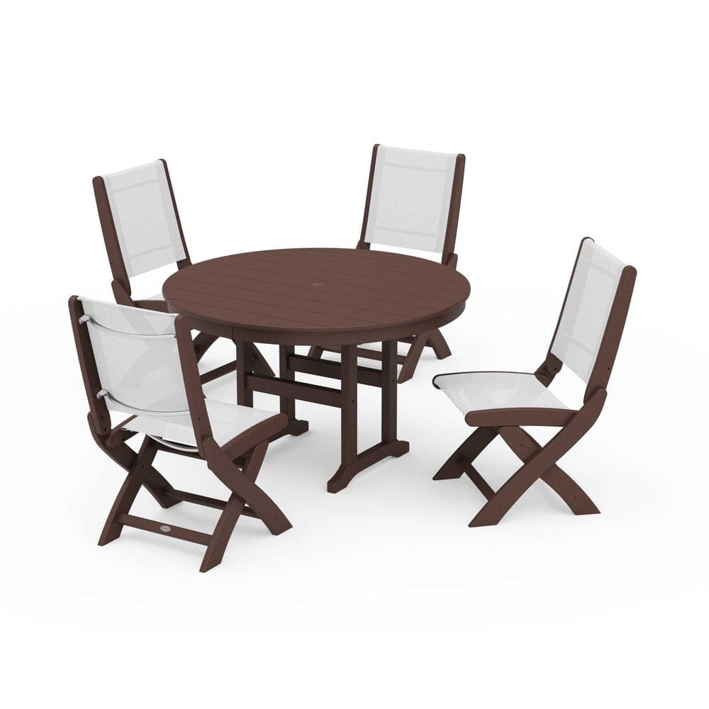 POLYWOOD® Outdoor Furniture Mahogany / White Sling POLYWOOD® - Coastal Folding Side Chair 5-Piece Round Dining Set - PWS1358