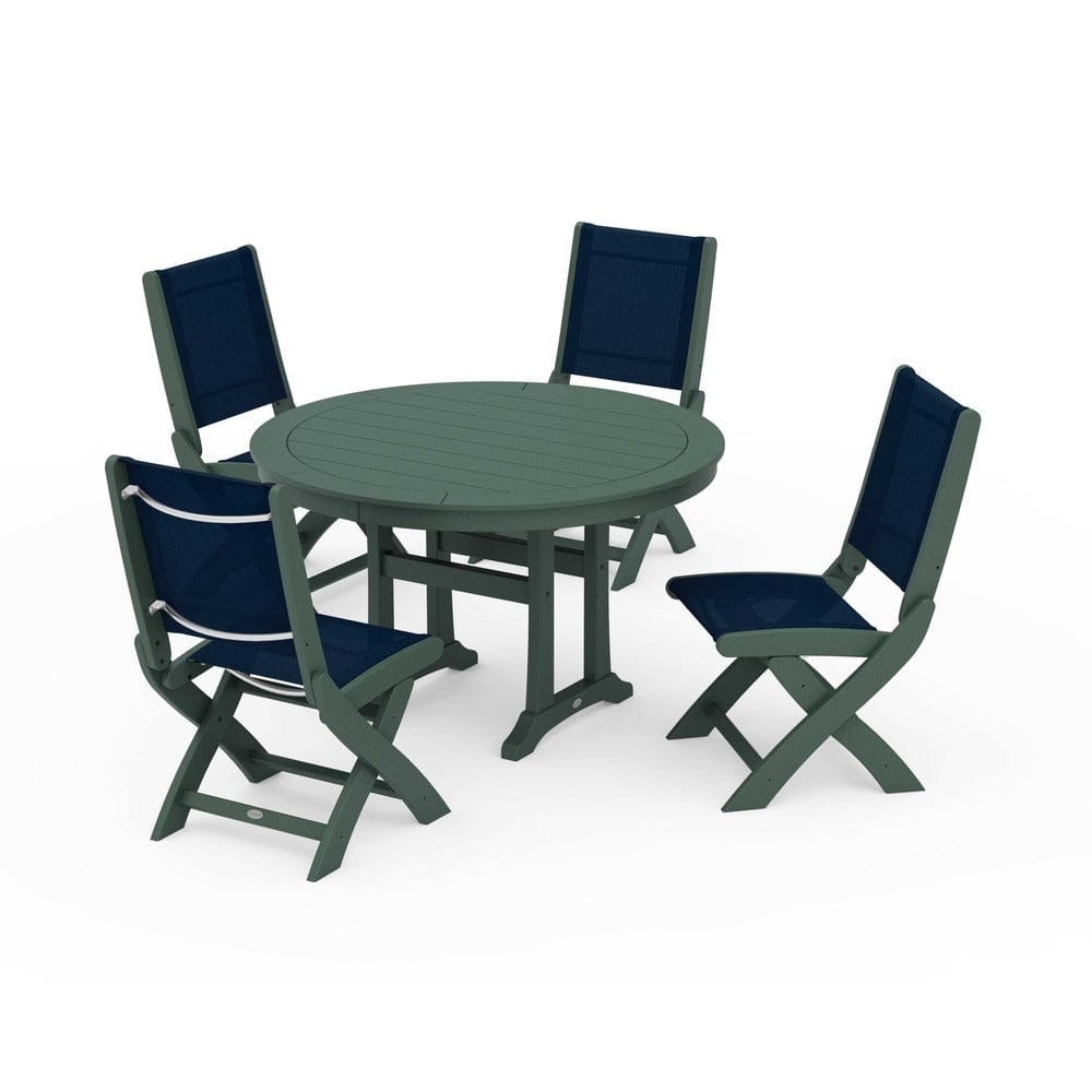 POLYWOOD® Outdoor Furniture Green / Navy Blue Sling POLYWOOD® - Coastal Folding Side Chair 5-Piece Round Dining Set With Trestle Legs - PWS1121