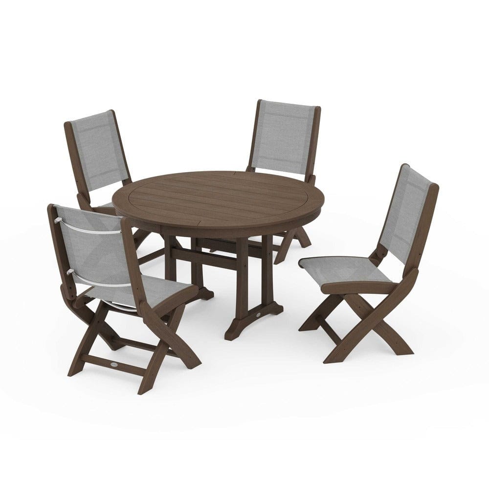 POLYWOOD® Outdoor Furniture POLYWOOD® - Coastal Folding Side Chair 5-Piece Round Dining Set With Trestle Legs - PWS1121