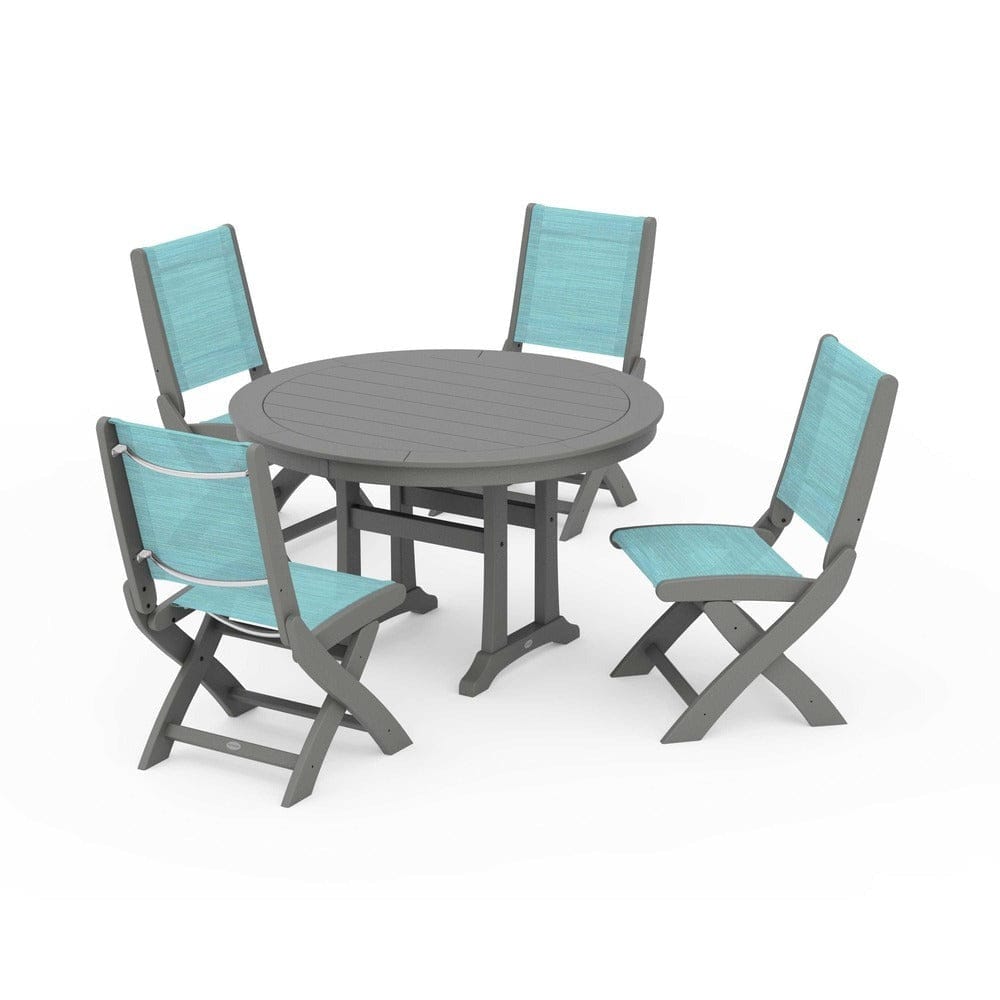 POLYWOOD® Outdoor Furniture Slate Grey / Dupioni Aquamarine Sling POLYWOOD® - Coastal Folding Side Chair 5-Piece Round Dining Set With Trestle Legs - PWS1121