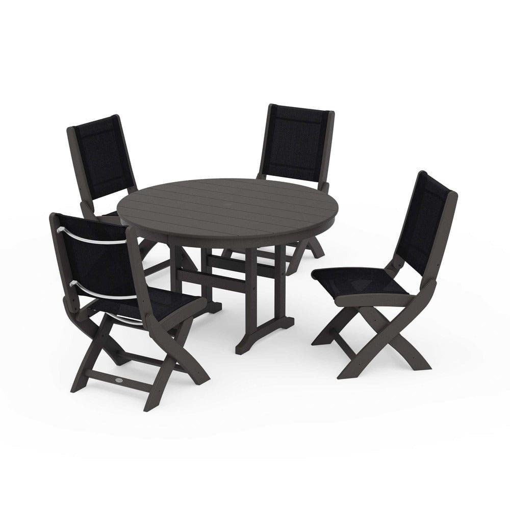 POLYWOOD® Outdoor Furniture Vintage Coffee / Black Sling POLYWOOD® - Coastal Folding Side Chair 5-Piece Round Dining Set - PWS1358