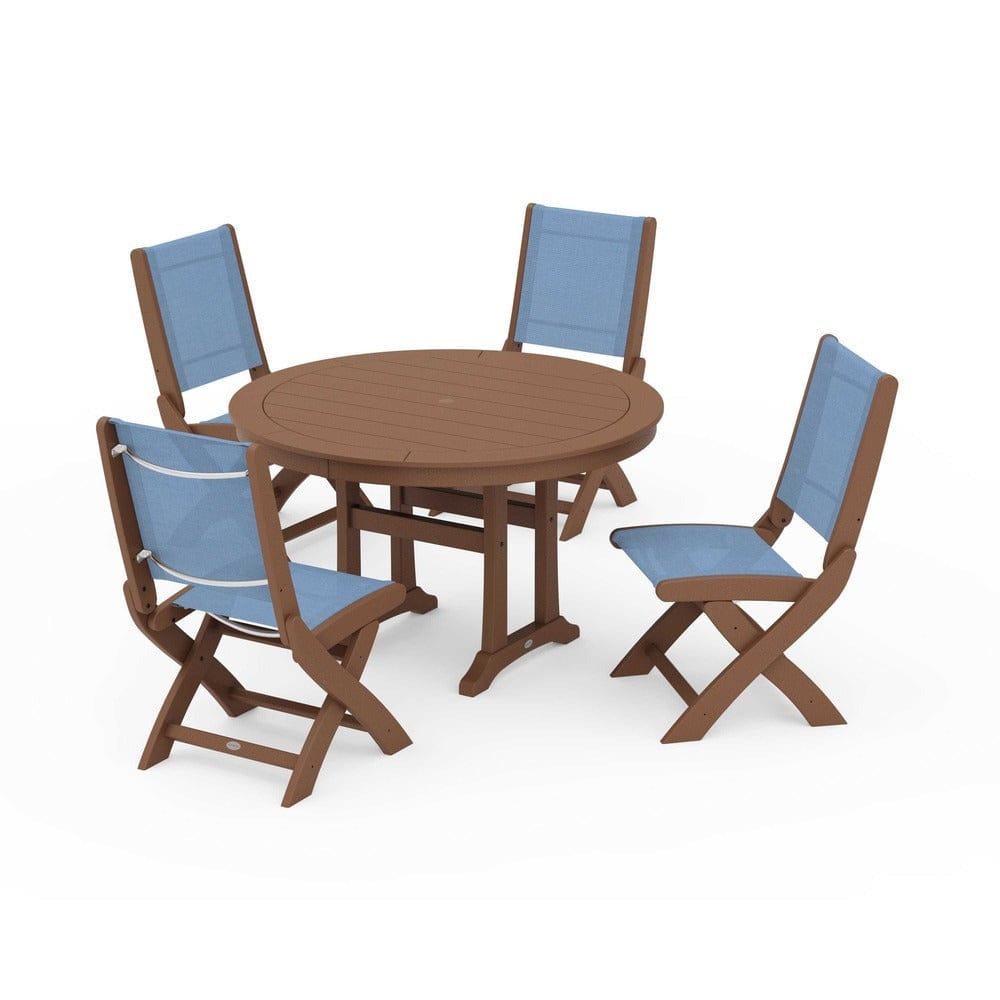 POLYWOOD® Outdoor Furniture Teak / Poolside Sling POLYWOOD® - Coastal Folding Side Chair 5-Piece Round Dining Set With Trestle Legs - PWS1121
