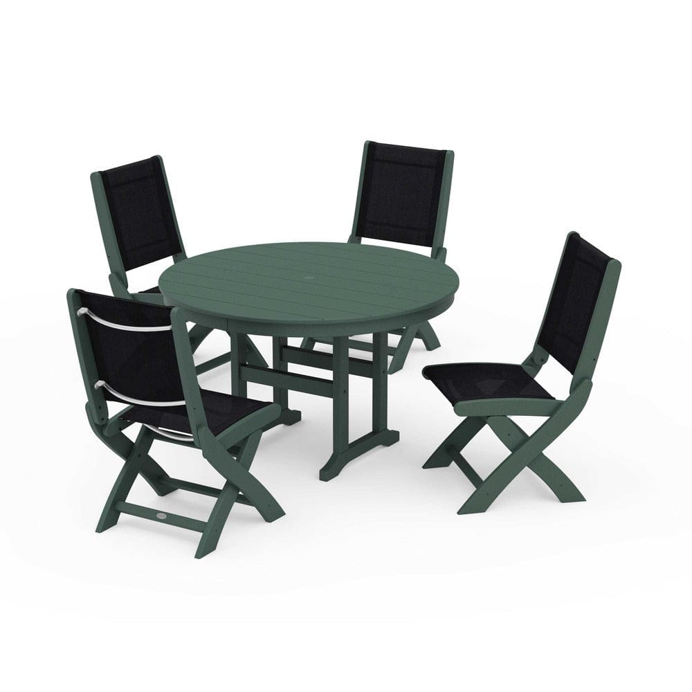 POLYWOOD® Outdoor Furniture Green / Black Sling POLYWOOD® - Coastal Folding Side Chair 5-Piece Round Dining Set - PWS1358