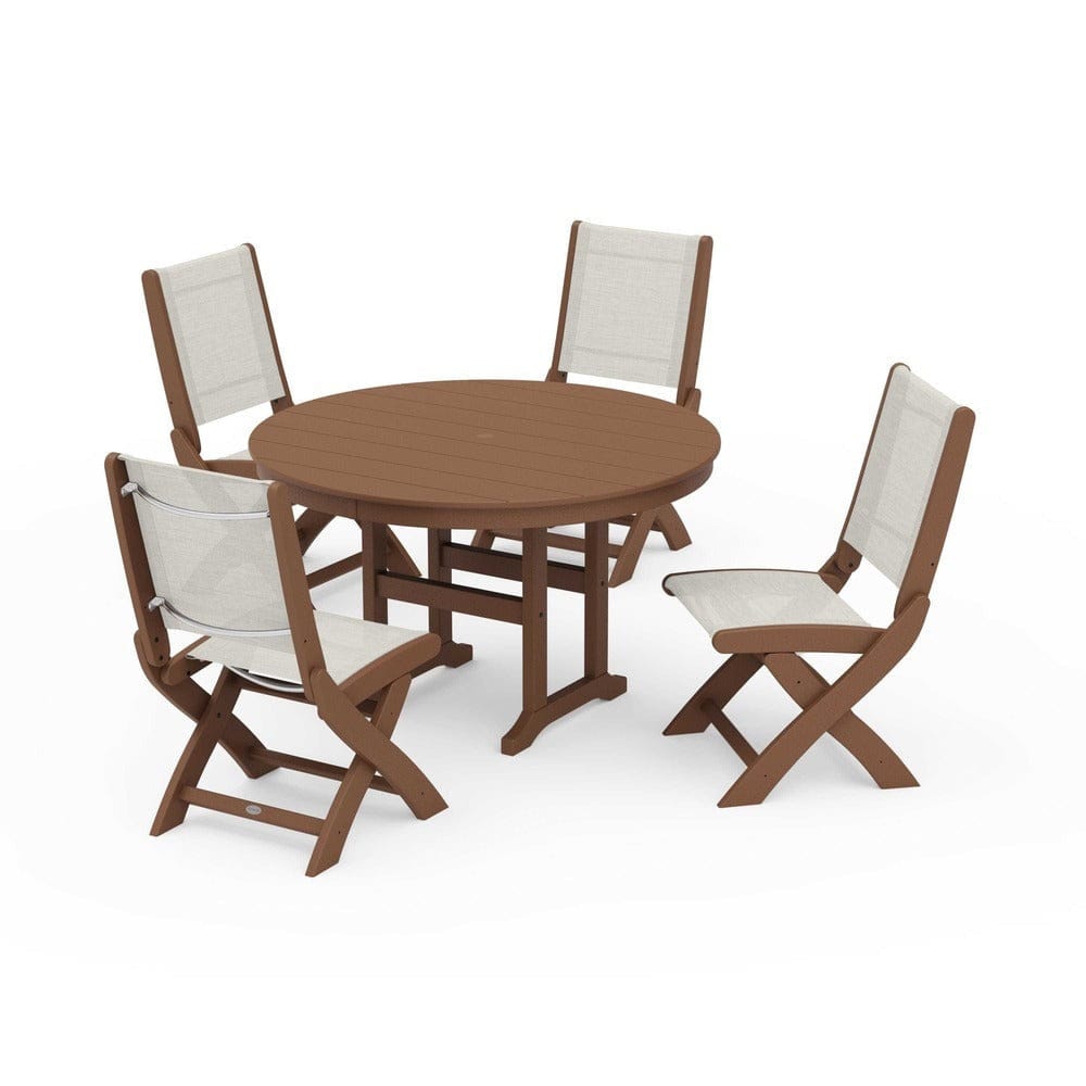 POLYWOOD® Outdoor Furniture Teak / Parchment Sling POLYWOOD® - Coastal Folding Side Chair 5-Piece Round Dining Set - PWS1358