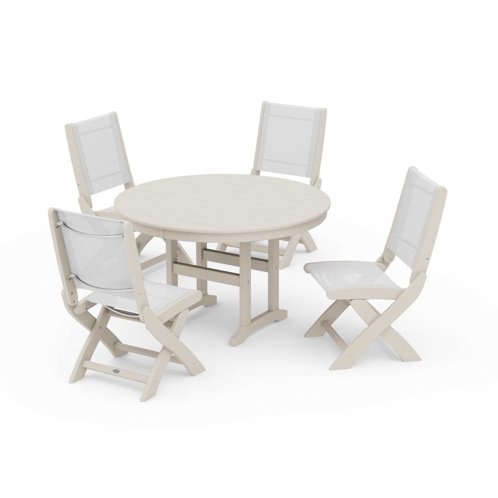 POLYWOOD® Outdoor Furniture Sand / White Sling POLYWOOD® - Coastal Folding Side Chair 5-Piece Round Dining Set - PWS1358