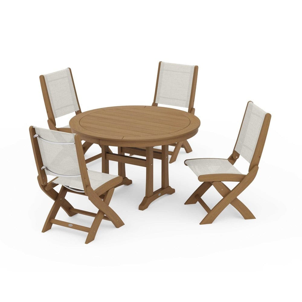 POLYWOOD® Outdoor Furniture POLYWOOD® - Coastal Folding Side Chair 5-Piece Round Dining Set With Trestle Legs - PWS1121