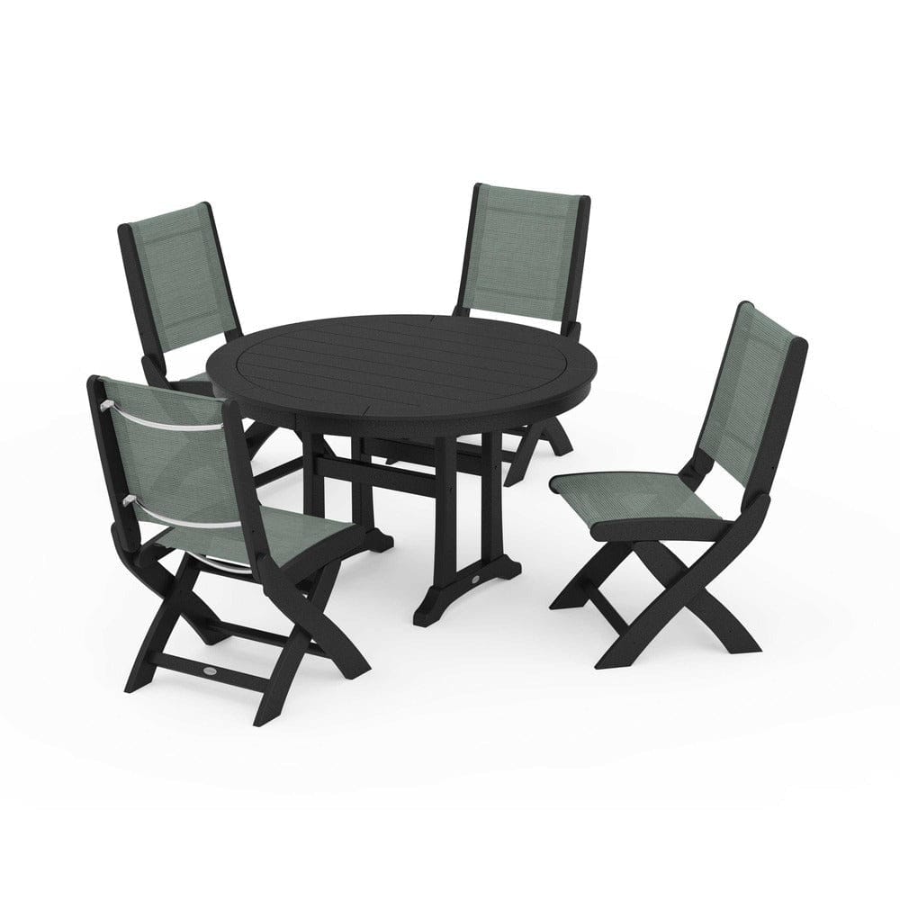 POLYWOOD® Outdoor Furniture Black / Dupioni Sea Mist Sling POLYWOOD® - Coastal Folding Side Chair 5-Piece Round Dining Set With Trestle Legs - PWS1121