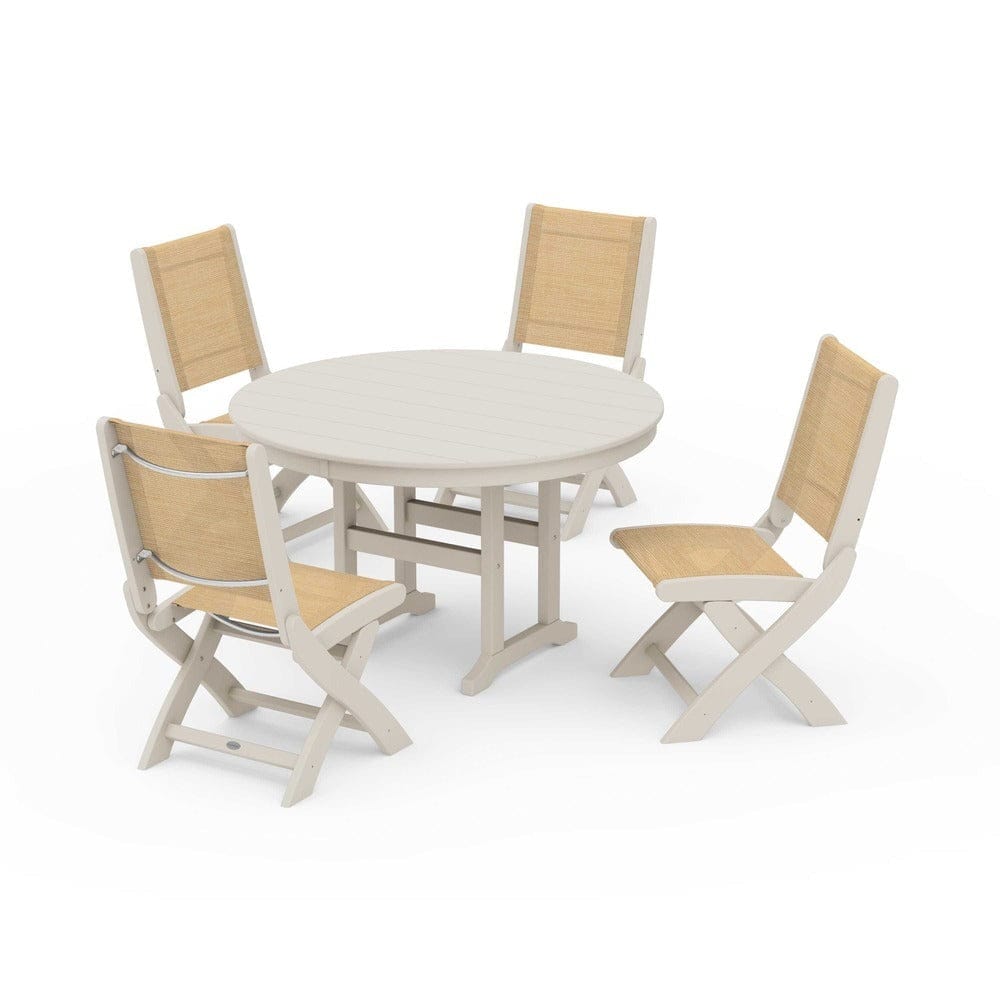 POLYWOOD® Outdoor Furniture Sand / Dupioni Apricot Sling POLYWOOD® - Coastal Folding Side Chair 5-Piece Round Dining Set - PWS1358