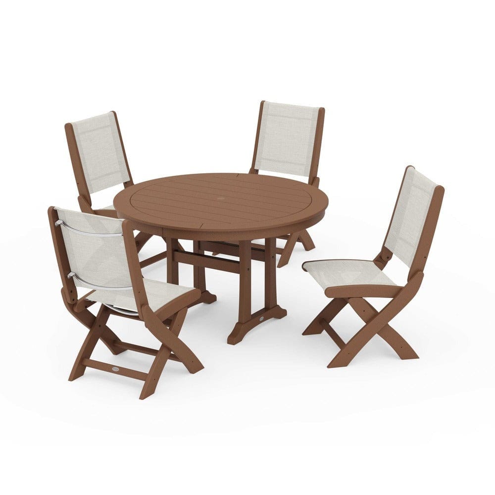 POLYWOOD® Outdoor Furniture Teak / Parchment Sling POLYWOOD® - Coastal Folding Side Chair 5-Piece Round Dining Set With Trestle Legs - PWS1121