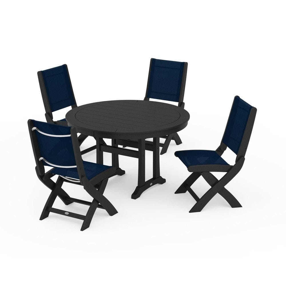 POLYWOOD® Outdoor Furniture Black / Navy Blue Sling POLYWOOD® - Coastal Folding Side Chair 5-Piece Round Dining Set With Trestle Legs - PWS1121