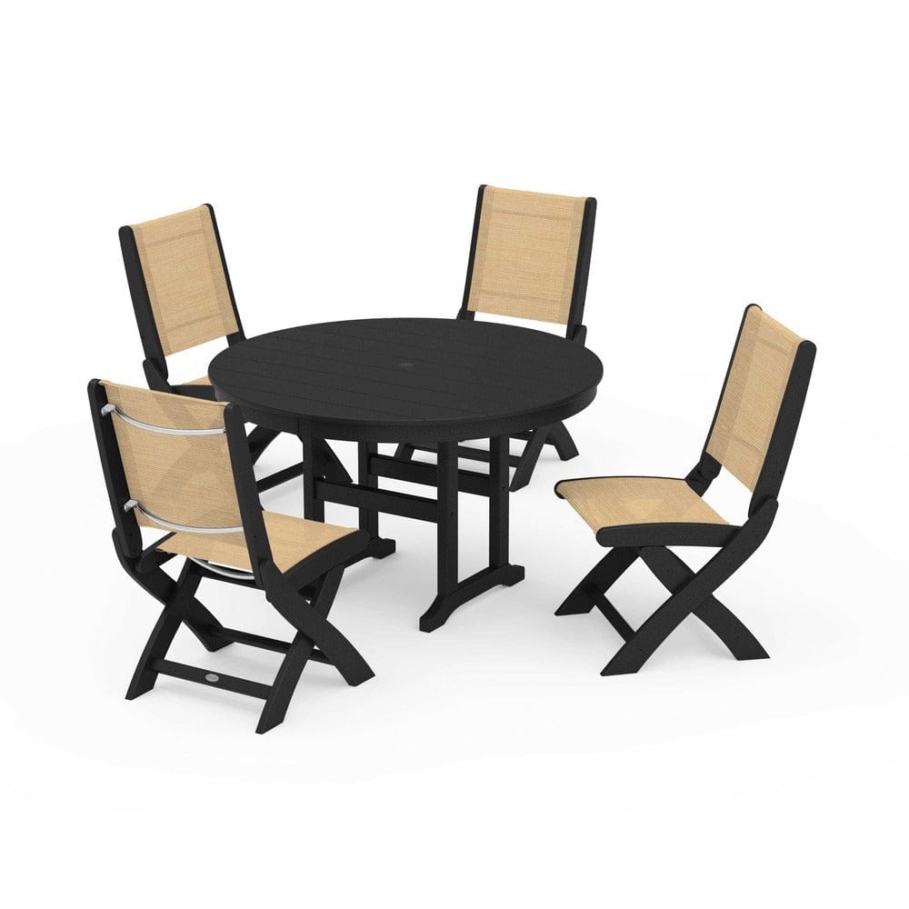 POLYWOOD® Outdoor Furniture Black / Dupioni Apricot Sling POLYWOOD® - Coastal Folding Side Chair 5-Piece Round Dining Set - PWS1358