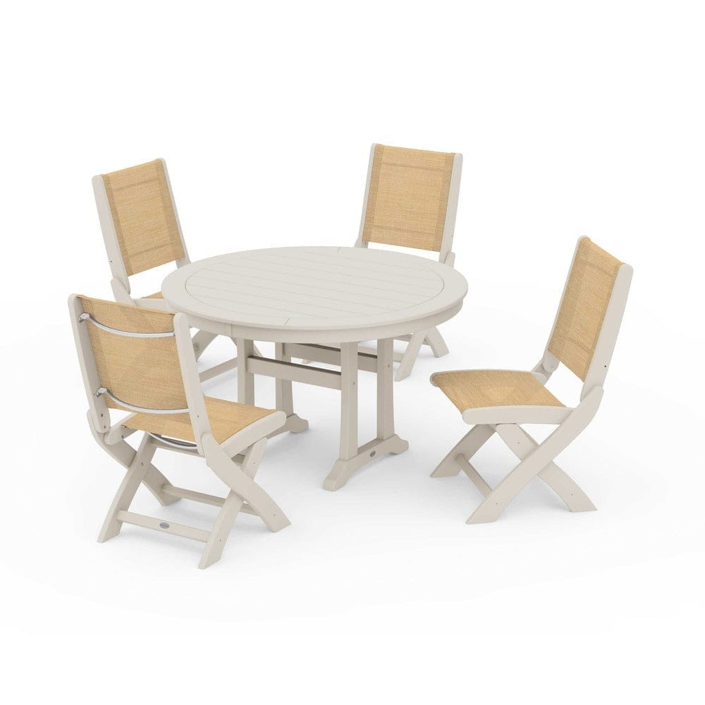 POLYWOOD® Outdoor Furniture Sand / Dupioni Apricot Sling POLYWOOD® - Coastal Folding Side Chair 5-Piece Round Dining Set With Trestle Legs - PWS1121