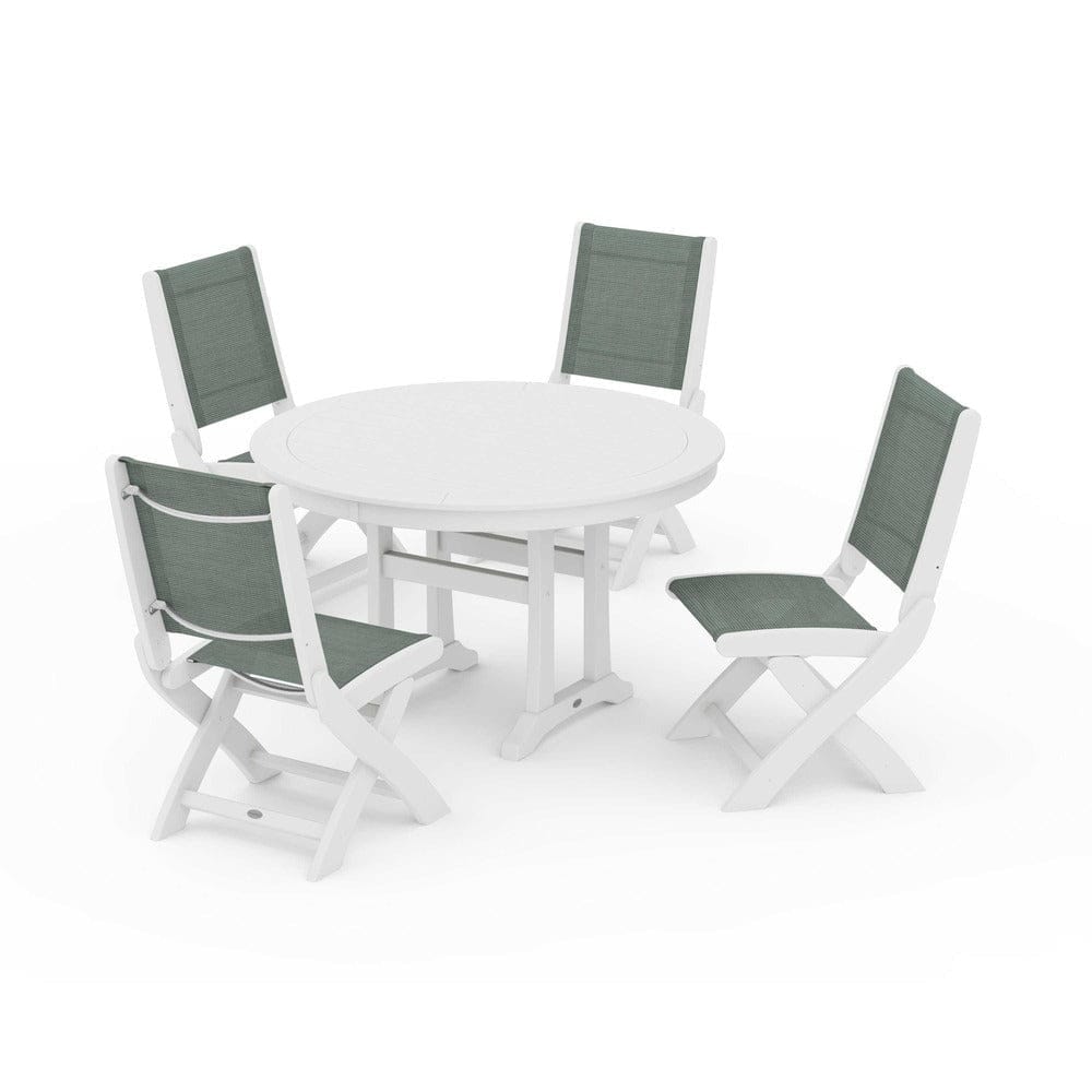 POLYWOOD® Outdoor Furniture White / Dupioni Sea Mist Sling POLYWOOD® - Coastal Folding Side Chair 5-Piece Round Dining Set With Trestle Legs - PWS1121
