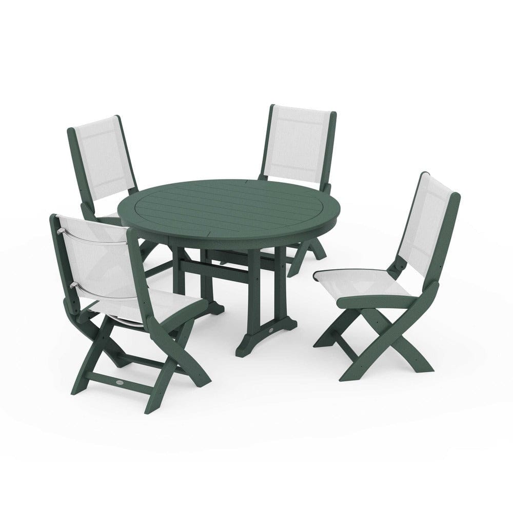 POLYWOOD® Outdoor Furniture Green / White Sling POLYWOOD® - Coastal Folding Side Chair 5-Piece Round Dining Set With Trestle Legs - PWS1121