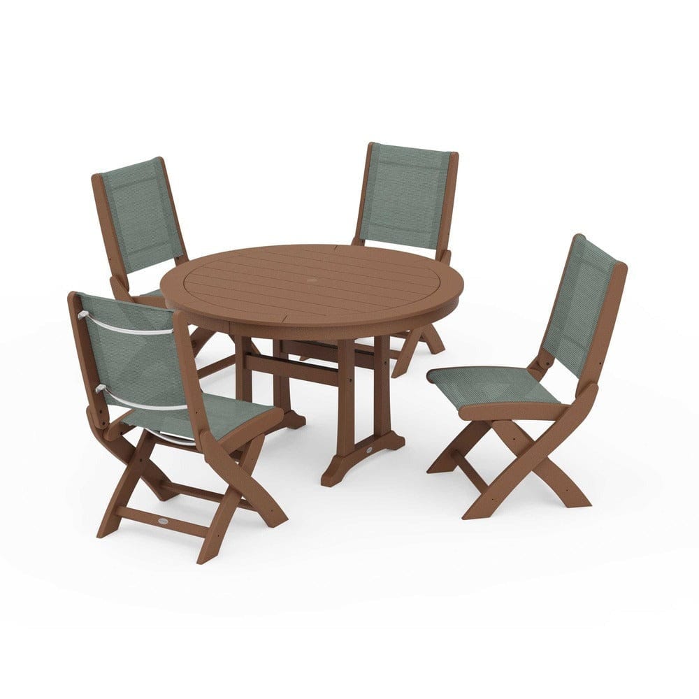 POLYWOOD® Outdoor Furniture Teak / Dupioni Sea Mist Sling POLYWOOD® - Coastal Folding Side Chair 5-Piece Round Dining Set With Trestle Legs - PWS1121