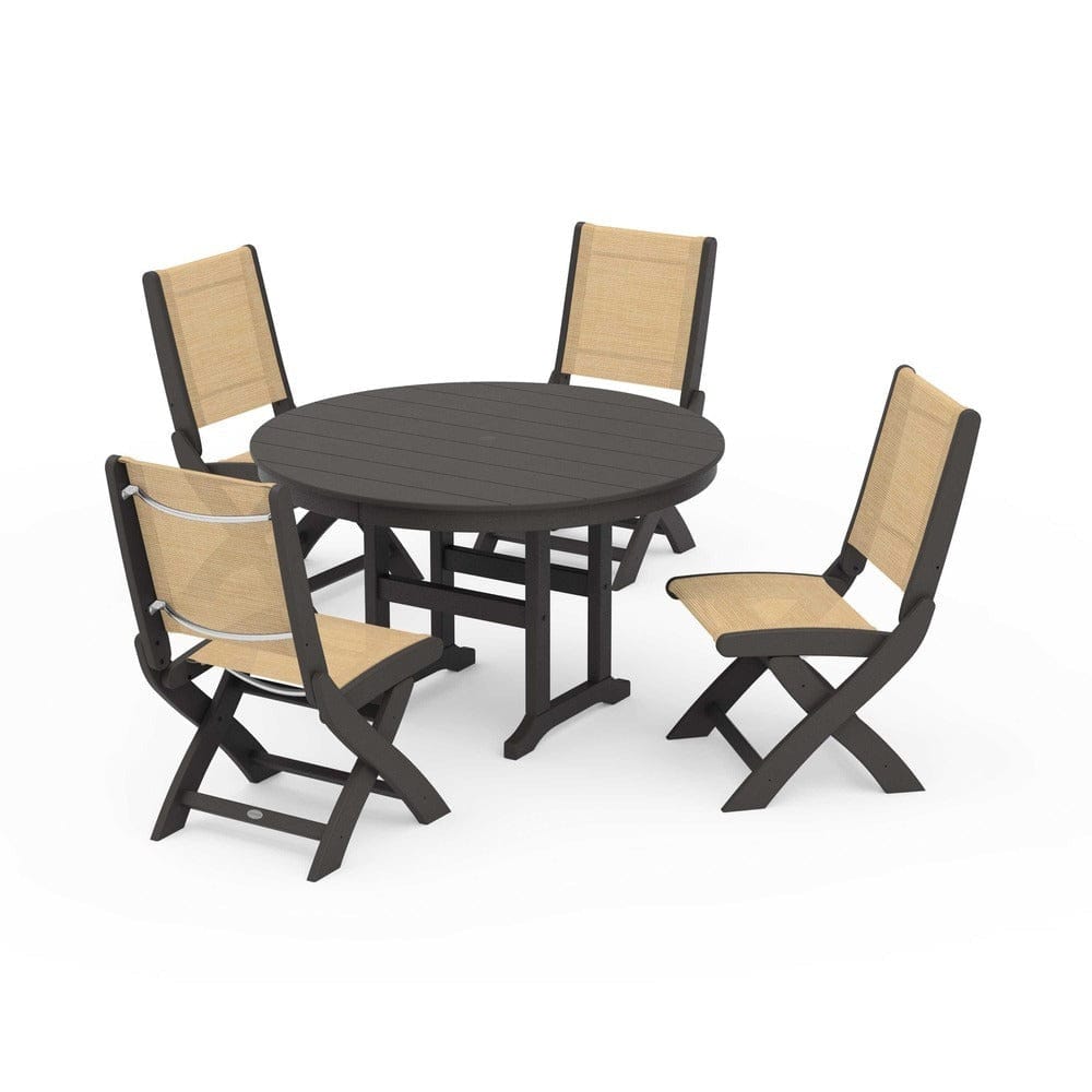 POLYWOOD® Outdoor Furniture Vintage Coffee / Dupioni Apricot Sling POLYWOOD® - Coastal Folding Side Chair 5-Piece Round Dining Set - PWS1358