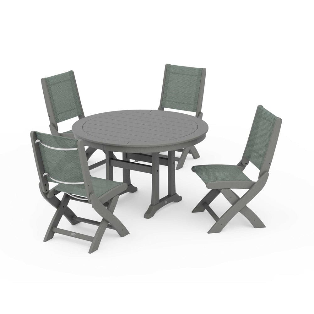 POLYWOOD® Outdoor Furniture Slate Grey / Dupioni Sea Mist Sling POLYWOOD® - Coastal Folding Side Chair 5-Piece Round Dining Set With Trestle Legs - PWS1121