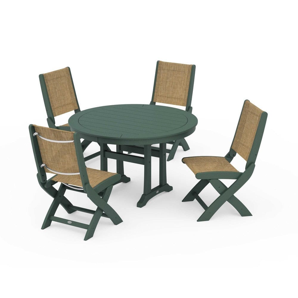 POLYWOOD® Outdoor Furniture Green / Burlap Sling POLYWOOD® - Coastal Folding Side Chair 5-Piece Round Dining Set With Trestle Legs - PWS1121
