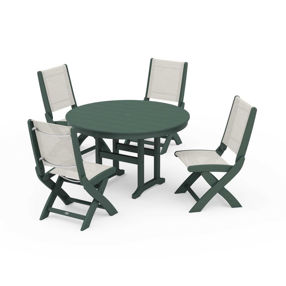 POLYWOOD® Outdoor Furniture Green / Parchment Sling POLYWOOD® - Coastal Folding Side Chair 5-Piece Round Dining Set - PWS1358