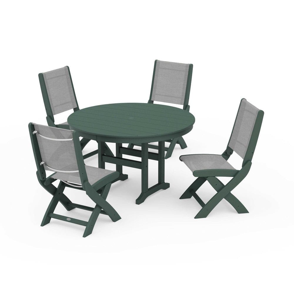 POLYWOOD® Outdoor Furniture Green / Metallic Sling POLYWOOD® - Coastal Folding Side Chair 5-Piece Round Dining Set - PWS1358