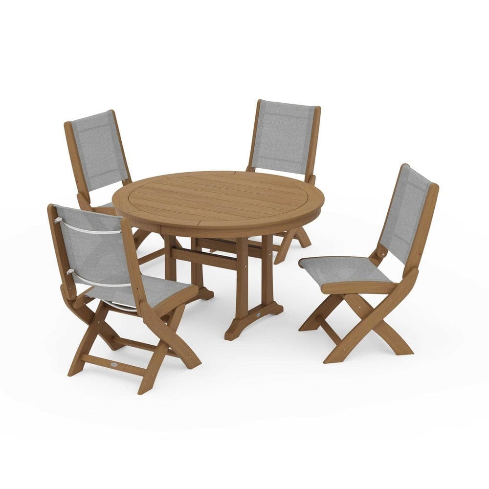 POLYWOOD® Outdoor Furniture POLYWOOD® - Coastal Folding Side Chair 5-Piece Round Dining Set With Trestle Legs - PWS1121