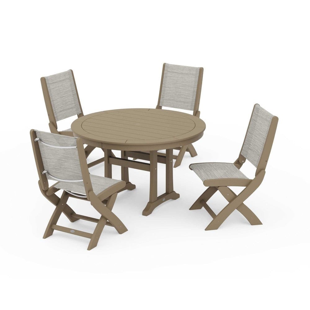 POLYWOOD® Outdoor Furniture Vintage Sahara / Birch Sling POLYWOOD® - Coastal Folding Side Chair 5-Piece Round Dining Set With Trestle Legs - PWS1121