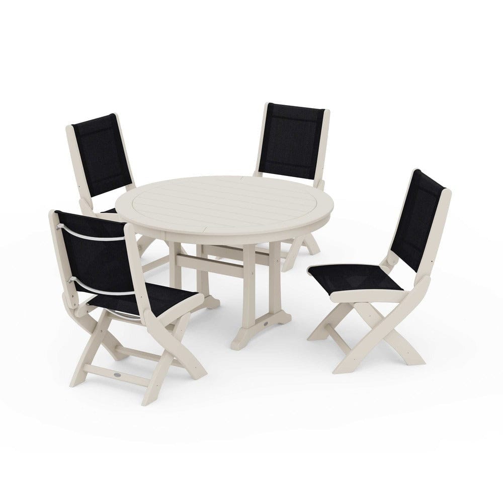 POLYWOOD® Outdoor Furniture Sand / Black Sling POLYWOOD® - Coastal Folding Side Chair 5-Piece Round Dining Set With Trestle Legs - PWS1121