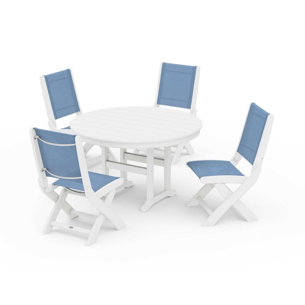POLYWOOD® Outdoor Furniture White / Poolside Sling POLYWOOD® - Coastal Folding Side Chair 5-Piece Round Dining Set - PWS1358