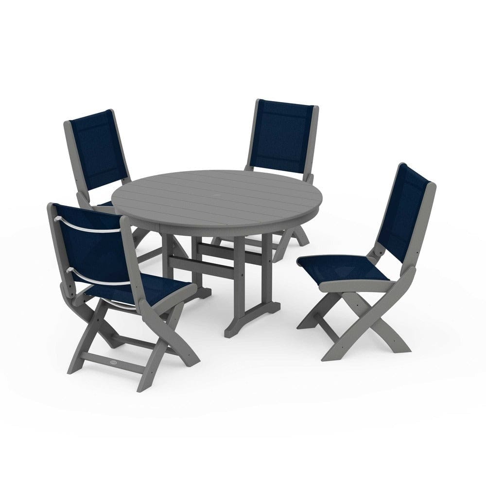 POLYWOOD® Outdoor Furniture Slate Grey / Navy Blue Sling POLYWOOD® - Coastal Folding Side Chair 5-Piece Round Dining Set - PWS1358