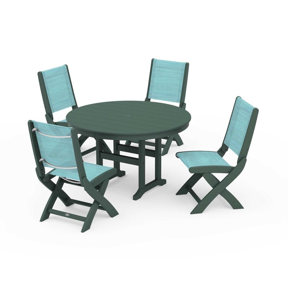 POLYWOOD® Outdoor Furniture Green / Dupioni Aquamarine Sling POLYWOOD® - Coastal Folding Side Chair 5-Piece Round Dining Set - PWS1358