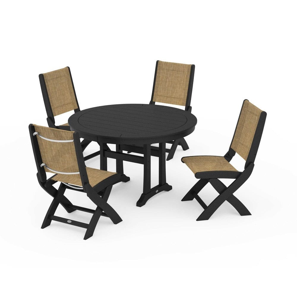 POLYWOOD® Outdoor Furniture Black / Burlap Sling POLYWOOD® - Coastal Folding Side Chair 5-Piece Round Dining Set With Trestle Legs - PWS1121