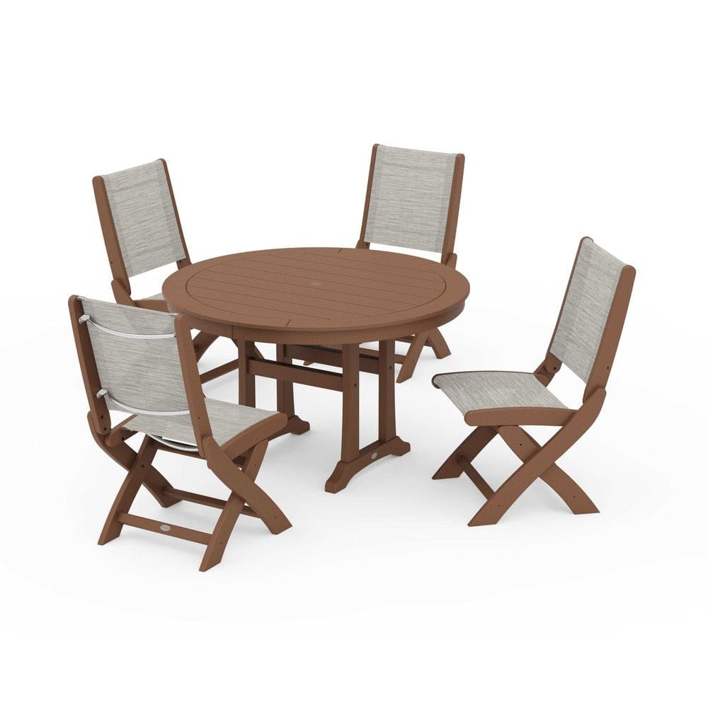 POLYWOOD® Outdoor Furniture Teak / Birch Sling POLYWOOD® - Coastal Folding Side Chair 5-Piece Round Dining Set With Trestle Legs - PWS1121