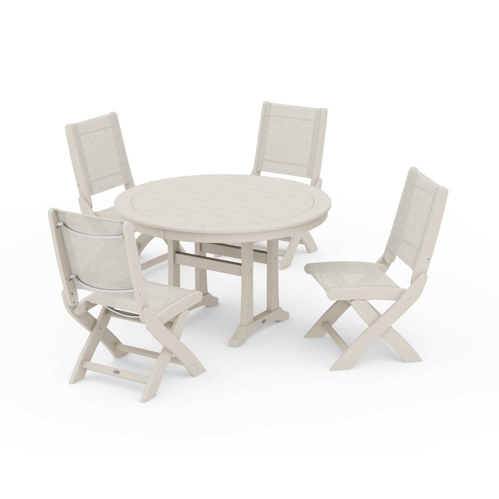 POLYWOOD® Outdoor Furniture Sand / Parchment Sling POLYWOOD® - Coastal Folding Side Chair 5-Piece Round Dining Set With Trestle Legs - PWS1121