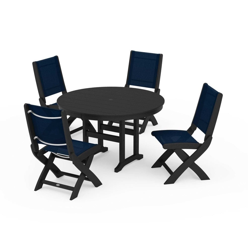 POLYWOOD® Outdoor Furniture Black / Navy Blue Sling POLYWOOD® - Coastal Folding Side Chair 5-Piece Round Dining Set - PWS1358