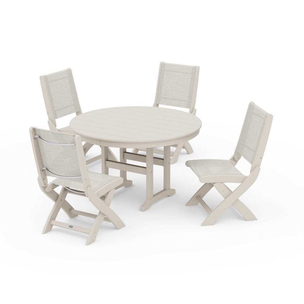 POLYWOOD® Outdoor Furniture Sand / Parchment Sling POLYWOOD® - Coastal Folding Side Chair 5-Piece Round Dining Set - PWS1358