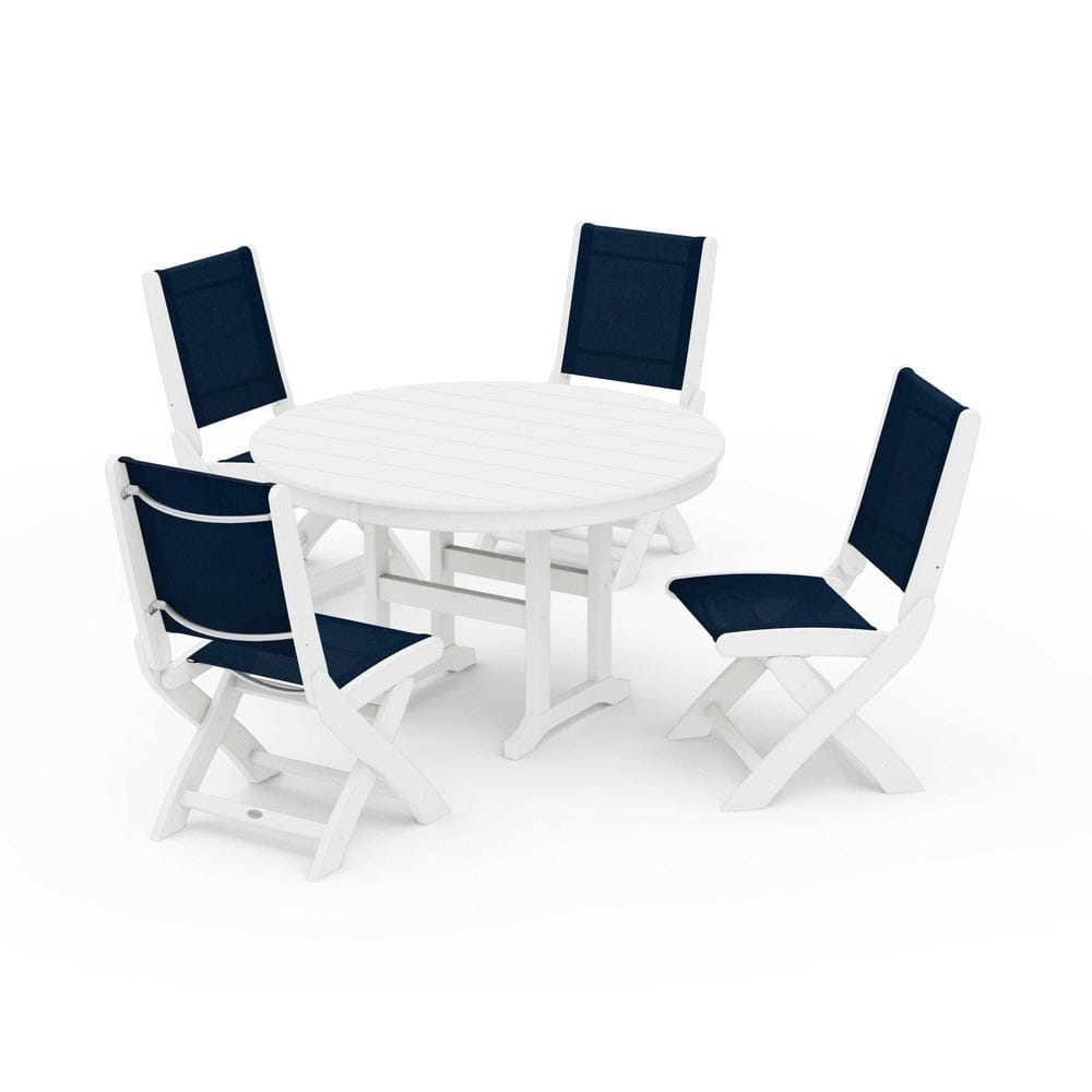 POLYWOOD® Outdoor Furniture White / Navy Blue Sling POLYWOOD® - Coastal Folding Side Chair 5-Piece Round Dining Set - PWS1358
