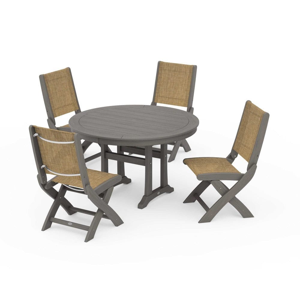 POLYWOOD® Outdoor Furniture POLYWOOD® - Coastal Folding Side Chair 5-Piece Round Dining Set With Trestle Legs - PWS1121