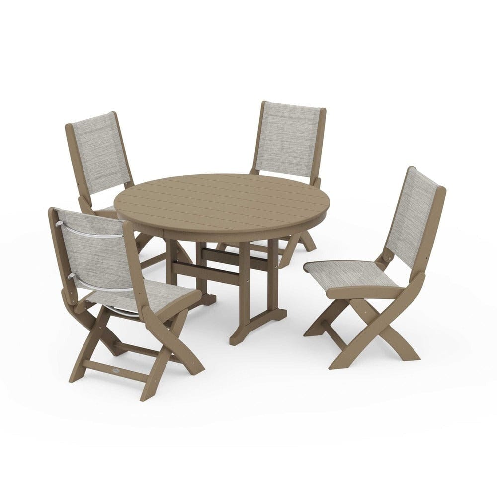 POLYWOOD® Outdoor Furniture Vintage Sahara / Birch Sling POLYWOOD® - Coastal Folding Side Chair 5-Piece Round Dining Set - PWS1358