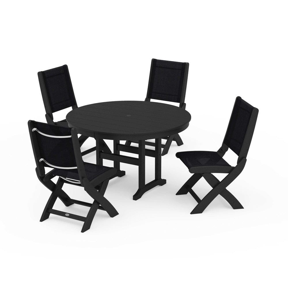 POLYWOOD® Outdoor Furniture Black / Black Sling POLYWOOD® - Coastal Folding Side Chair 5-Piece Round Dining Set - PWS1358