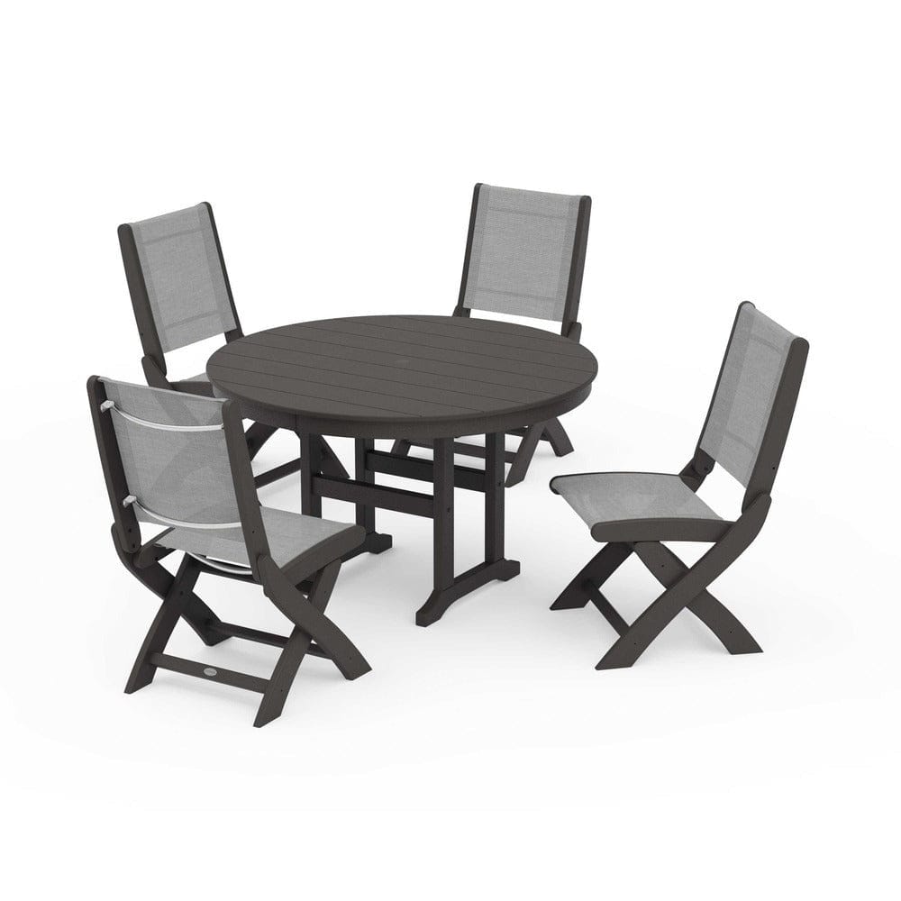 POLYWOOD® Outdoor Furniture Vintage Coffee / Metallic Sling POLYWOOD® - Coastal Folding Side Chair 5-Piece Round Dining Set - PWS1358