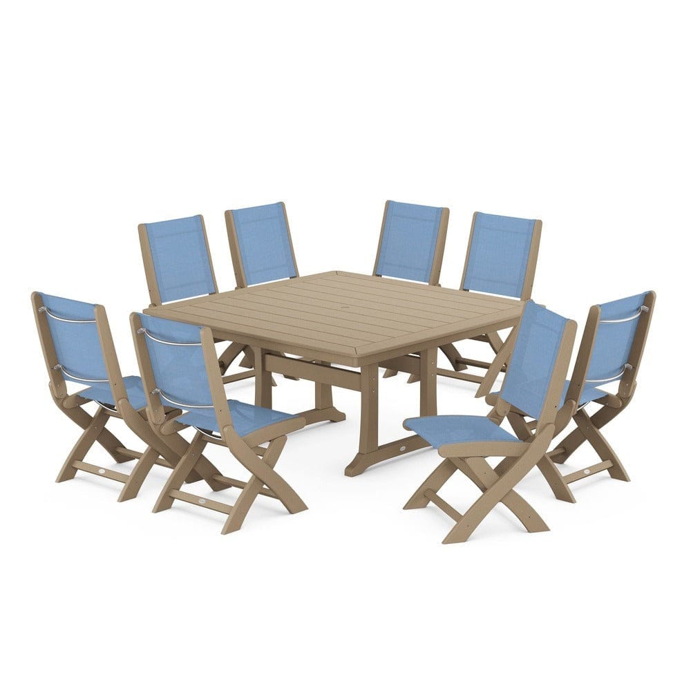 POLYWOOD® Outdoor Furniture Vintage Sahara / Poolside Sling POLYWOOD® - Coastal Folding Side Chair 9-Piece Dining Set with Trestle Legs - PWS1113