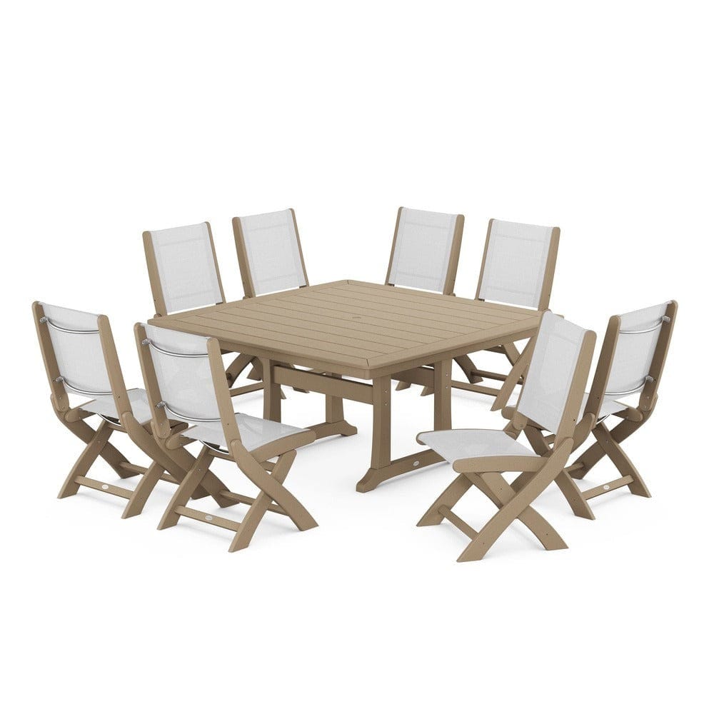 POLYWOOD® Outdoor Furniture Vintage Sahara / White Sling POLYWOOD® - Coastal Folding Side Chair 9-Piece Dining Set with Trestle Legs - PWS1113