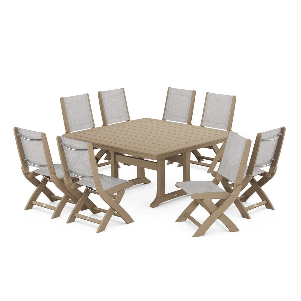 POLYWOOD® Outdoor Furniture Vintage Sahara / Parchment Sling POLYWOOD® - Coastal Folding Side Chair 9-Piece Dining Set with Trestle Legs - PWS1113