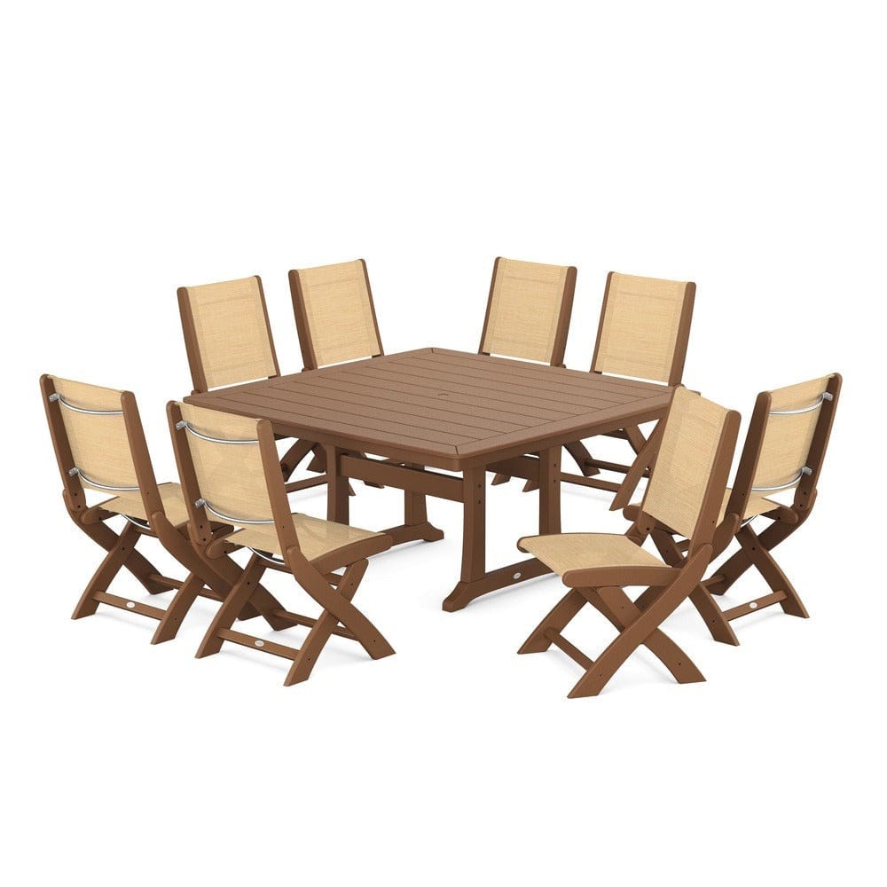 POLYWOOD® Outdoor Furniture Teak / Dupioni Apricot Sling POLYWOOD® - Coastal Folding Side Chair 9-Piece Dining Set with Trestle Legs - PWS1113