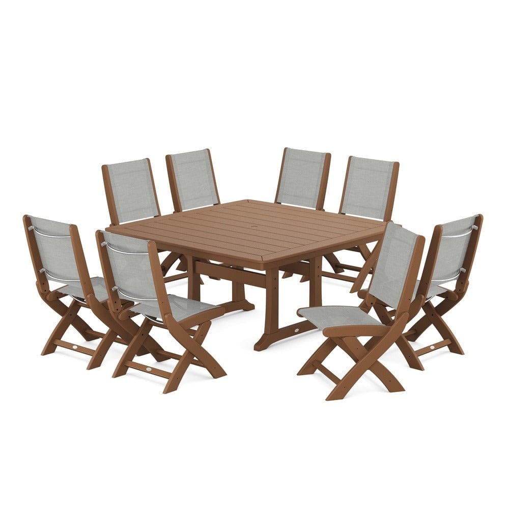 POLYWOOD® Outdoor Furniture Teak / Metallic Sling POLYWOOD® - Coastal Folding Side Chair 9-Piece Dining Set with Trestle Legs - PWS1113