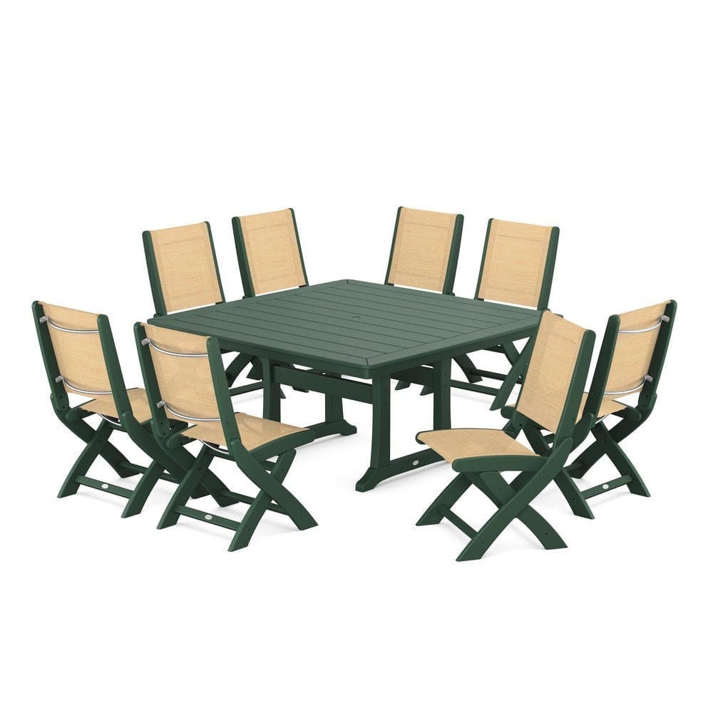 POLYWOOD® Outdoor Furniture Green / Dupioni Apricot Sling POLYWOOD® - Coastal Folding Side Chair 9-Piece Dining Set with Trestle Legs - PWS1113